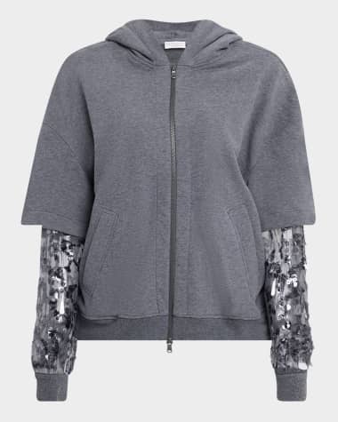 Brunello Cucinelli Hooded Zip Jacket with Sheer Sequined Raindrop Sleeves