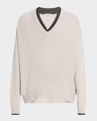 Brunello Cucinelli Cashmere Contrast Stripe V-Neck Sweater