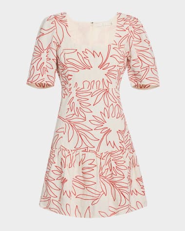 Marie Oliver Temma Embroidered Square-Neck Linen Mini Dress