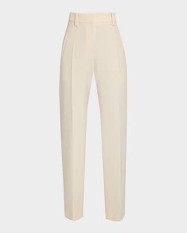 Brunello Cucinelli Button-Waist Double Canvas Wool Straight-Leg Pants