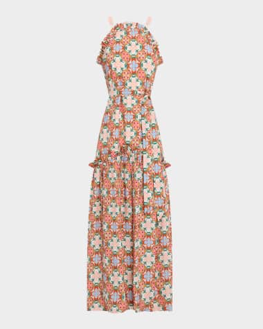 Marie Oliver Keenan Tile-Print Ruffle Halter Maxi Dress