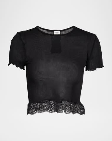 Saint Laurent Lace-Trim Short-Sleeve Crop T-Shirt