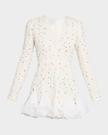 Giambattista Valli Polka-Dot Boucle Long-Sleeve Godet Mini Dress