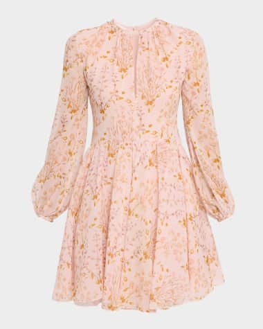 Giambattista Valli Floral Georgette Long-Sleeve Mini Dress