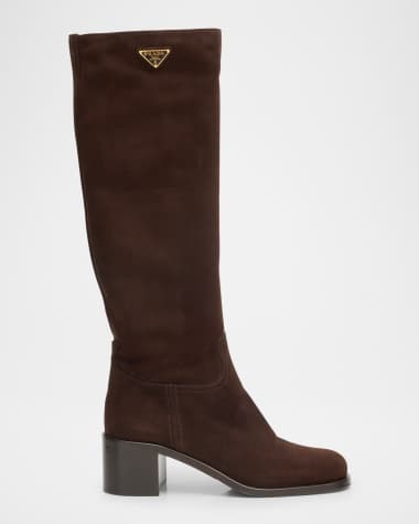 Prada Triangle Logo Suede Knee-High Boots