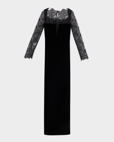 Roland Mouret Lace Long-Sleeve Velvet Column Gown