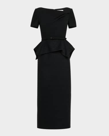 Roland Mouret Asymmetric Twist Boucle Belted Peplum Midi Dress
