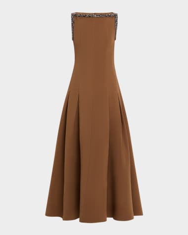 Roland Mouret Wool-Silk Embellished Boat-Neck Maxi Dress