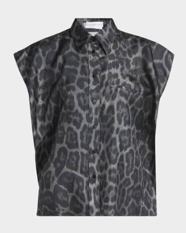 Stella McCartney Leopard-Print Silk Cap-Sleeve Button-Down Top