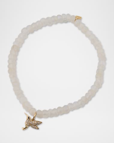 Sydney Evan 14K Gold Hummingbird Charm on Rainbow Moonstone Beaded Bracelet