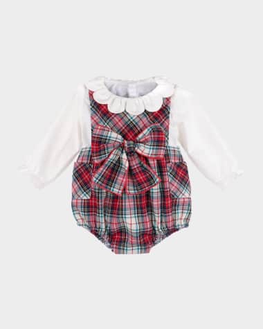 Luli & Me Girl's Gingerbread Plaid Bow Overalls, Size 6M-18M
