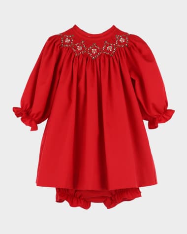 Luli & Me Girl's Merry & Bright Smocked Bishop Dress & Bloomers, Size 3M-24M