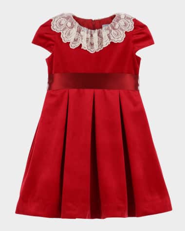 Luli & Me Girl's Pleated Velvet Lace-Collar Dress, Size 4T-6