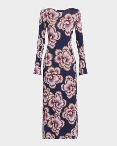Smythe Floral Stretch Knit Crewneck Midi Dress