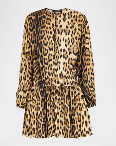Roberto Cavalli Leopard-Print Long-Sleeve Mini Dress