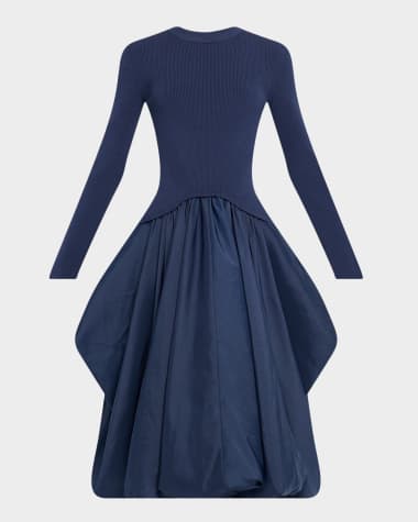 SIMKHAI Kenlie Split-Sleeve Mixed Media Bubble Midi Dress