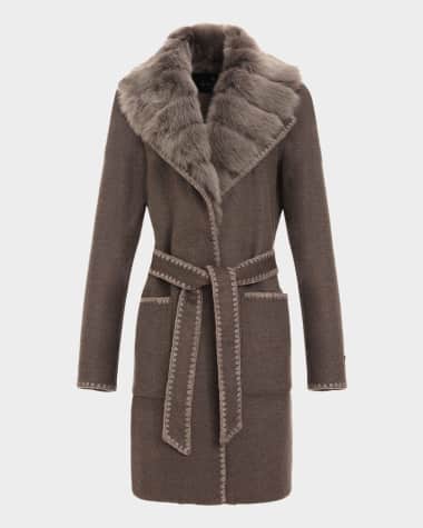 Gorski Belted Cashmere-Wool Stroller with Detachable Merinillo Lamb Shearling Collar