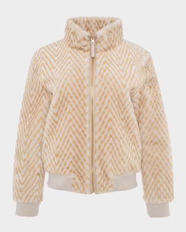 Gorski Reversible Chevron-Print Grooved Shearling Lamb Bomber Jacket