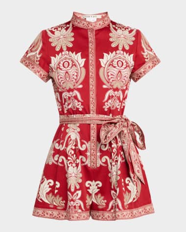 Alice + Olivia Lucy Roll-Sleeve Button-Front Romper