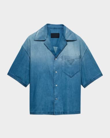 Prada Men's Light Denim Bowling Shirt