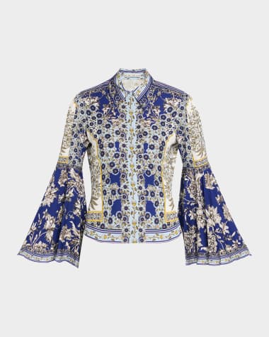 Alice + Olivia Willa Forevermore Fitted Bell-Sleeve Placket Top