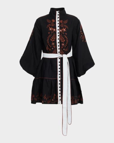PALM NOOSA Rosewood Embroidered Flounce Linen Mini Dress