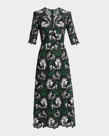 Elie Saab Floral Macrame Short-Sleeve Midi Dress
