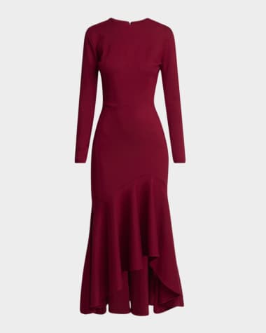 Elie Saab Long-Sleeve Flounce-Hem Jersey Midi Dress