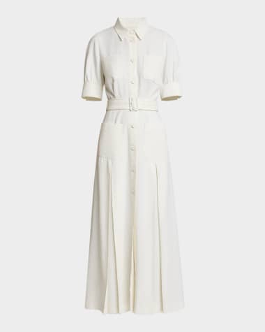 Elie Saab Pinstriped Cady Short-Sleeve Belted Midi Shirtdress