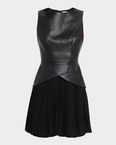 Milly Haddy Faux Leather & Pleated Chiffon Mini Dress