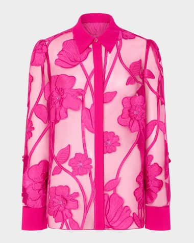 Milly Ashton Sheer Floral-Embroidered Blouse