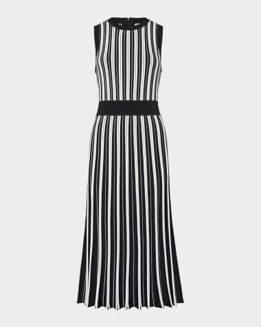 Milly Pleated Striped Knit Midi Dress