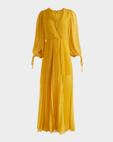 Alice + Olivia Nya Deep V Pleated Chiffon Maxi Dress