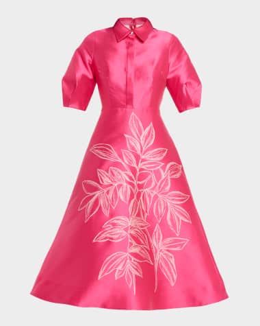 Rickie Freeman for Teri Jon Puff-Sleeve Gazar Midi Shirtdress