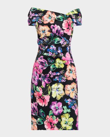 Rickie Freeman for Teri Jon Pleated Floral-Print Stretch Gazar Dress
