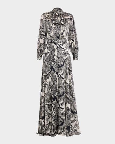Rickie Freeman for Teri Jon Belted Floral-Print Twill Shirt Gown
