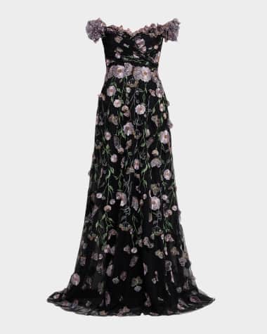 Rickie Freeman for Teri Jon Embroidered Off-Shoulder Tulle Gown