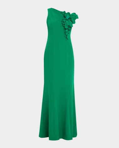 Rickie Freeman for Teri Jon One-Shoulder Floral Applique Stretch Crepe Gown