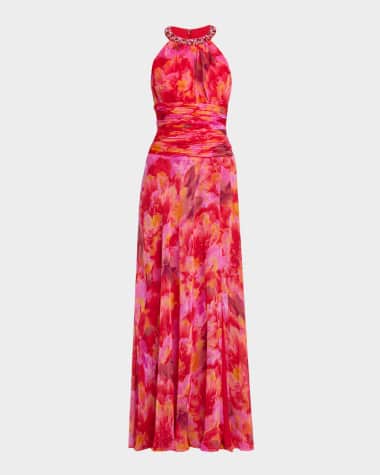 Rickie Freeman for Teri Jon Beaded Floral-Print Chiffon Halter Gown