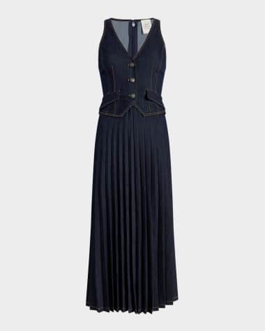 Cinq a Sept Esther Pleated Denim Midi Dress