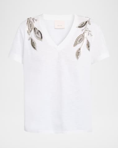 Cinq a Sept Bree V-Neck Beaded Paisley Tee