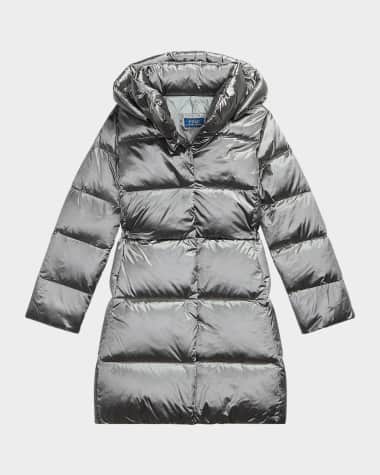 Ralph Lauren Childrenswear Girl's Celia Metallic Long Hooded Down Jacket, Size S-XL