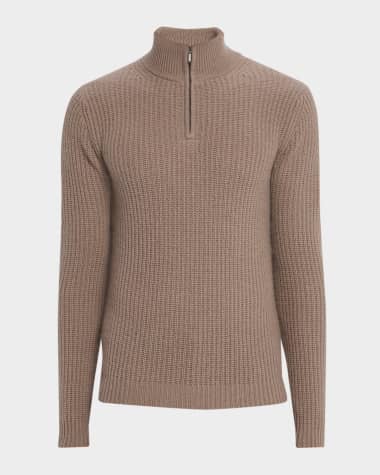 Neiman Marcus Men's Ribbed Cashmere Quarter-Zip Pullover