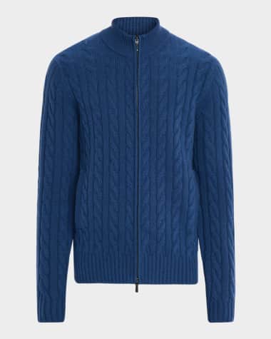 Neiman Marcus Men's Cashmere Cable Knit Full-Zip Sweater with Pockets