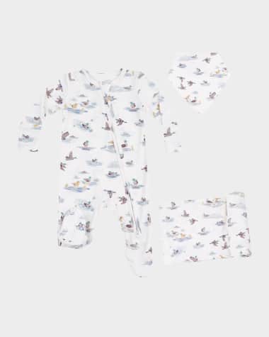 Angel Dear Boy's Migrating Mallards 2-Way Zip Footie Romper, Swaddle Blanket & Bib Set, Size Newborn-9M