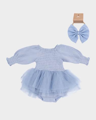 Angel Dear Girl's Cotton Chambray Smocked Tutu Bubble Romper & Headband Set, Size 0M-24M
