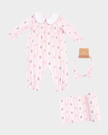 Angel Dear Girl's Ogee Lace Floral Smocked Romper, Headband & Blanket Set, Size 0M-24M