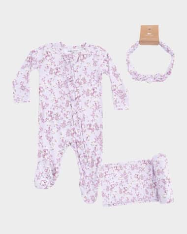 Angel Dear Girl's Sweet Dream Floral 2-Way Zip Footie, Headband & Blanket Set, Size Newborn-9M