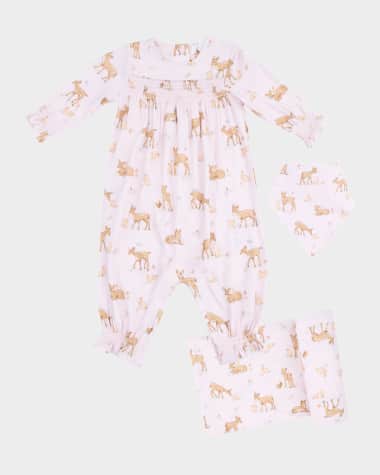 Angel Dear Girl's Little Fawn Smocked Long-Sleeve Romper, Bib & Blanket Set, Size 0M-24M