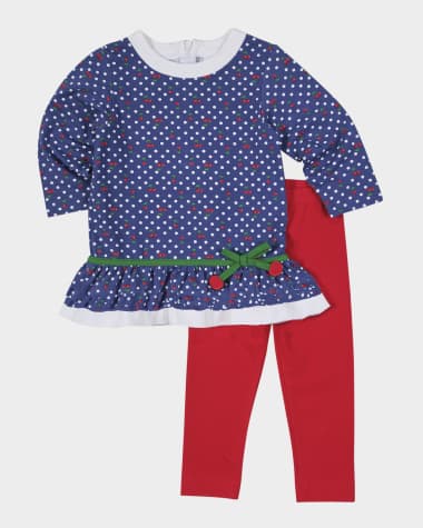 Florence Eiseman Girl's Polka Dot Cherry Knit Tunic Top & Leggings Set, Size 2-6